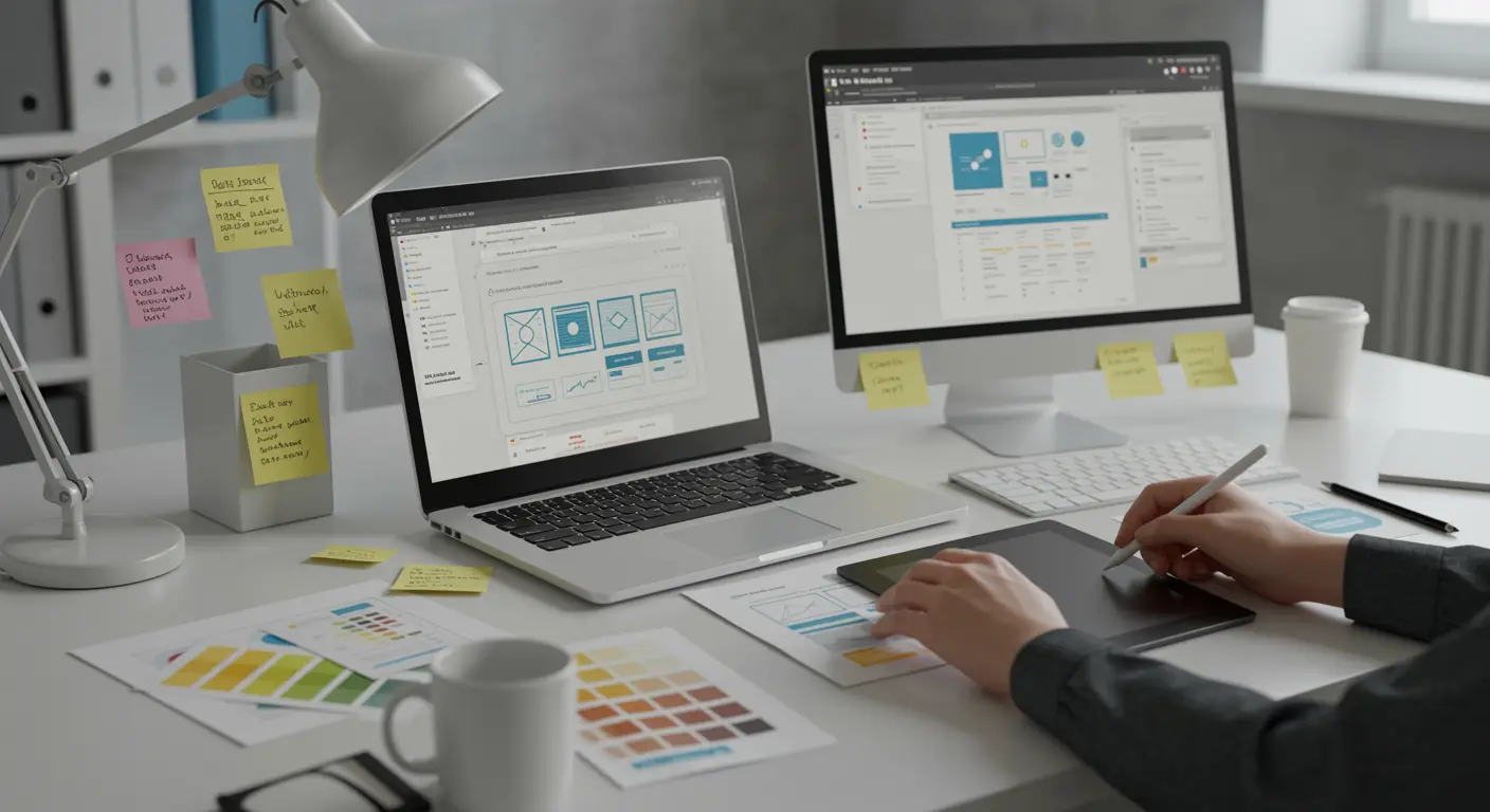 Hand schetst website-layout op digitaal tablet naast laptop met wireframe en kostenoverzicht in modern kantoor.