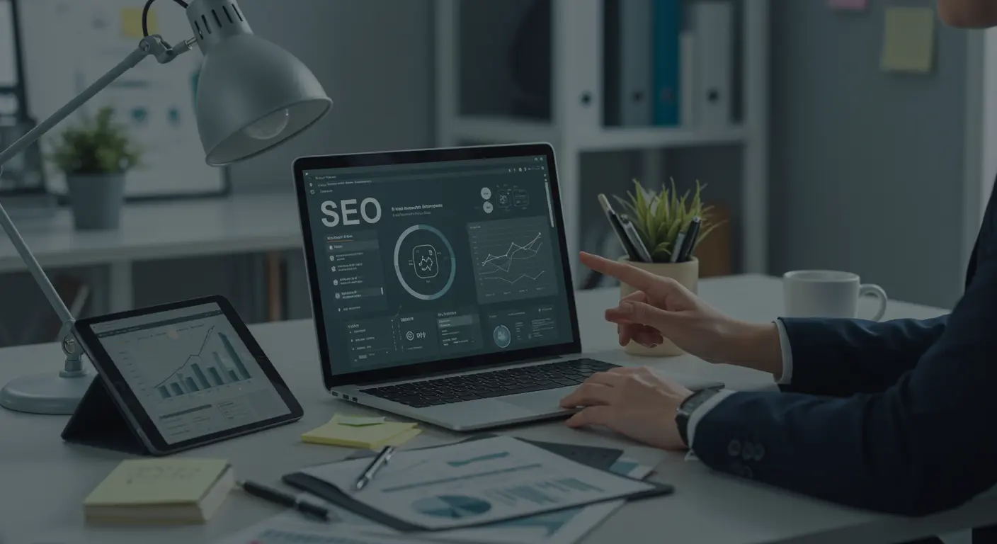 Hand in nette zakelijke kleding wijst op SEO-dashboard op laptop, omringd door tablet met grafieken en notitieblokken op modern, opgeruimd bureau.