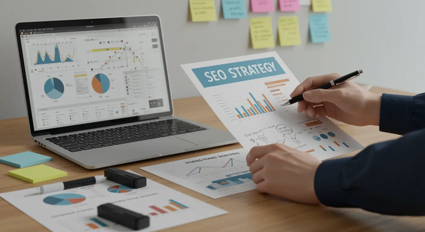 Hand wijst met pen naar SEO-rapport op opgeruimd bureau met laptop, notities en geprinte grafieken over zoekwoordclusters en strategieën.