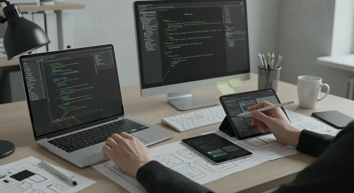 Programmeur aan het werk aan een bureau met laptop, tweede scherm, tablet en wireframes, gefocust op softwareontwikkeling.