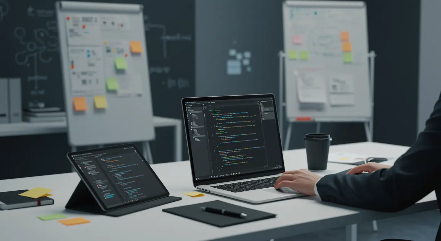Hand in zakelijke kleding werkt aan laptop met programmeercode en SDK-tools op modern, strak ingerichte kantoorwerkplek.