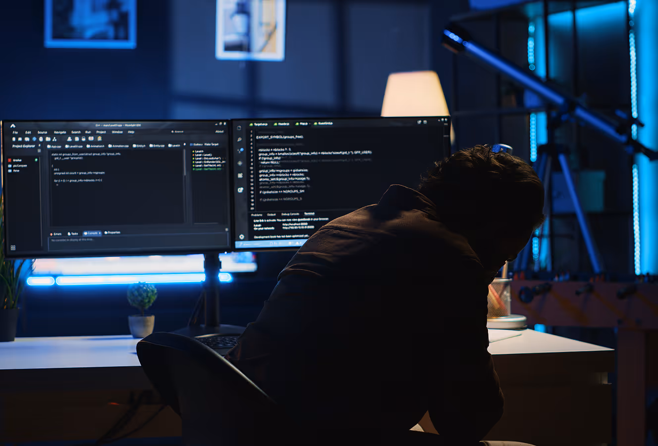 Programmeur zit achter bureau met twee monitors vol programmeercode.