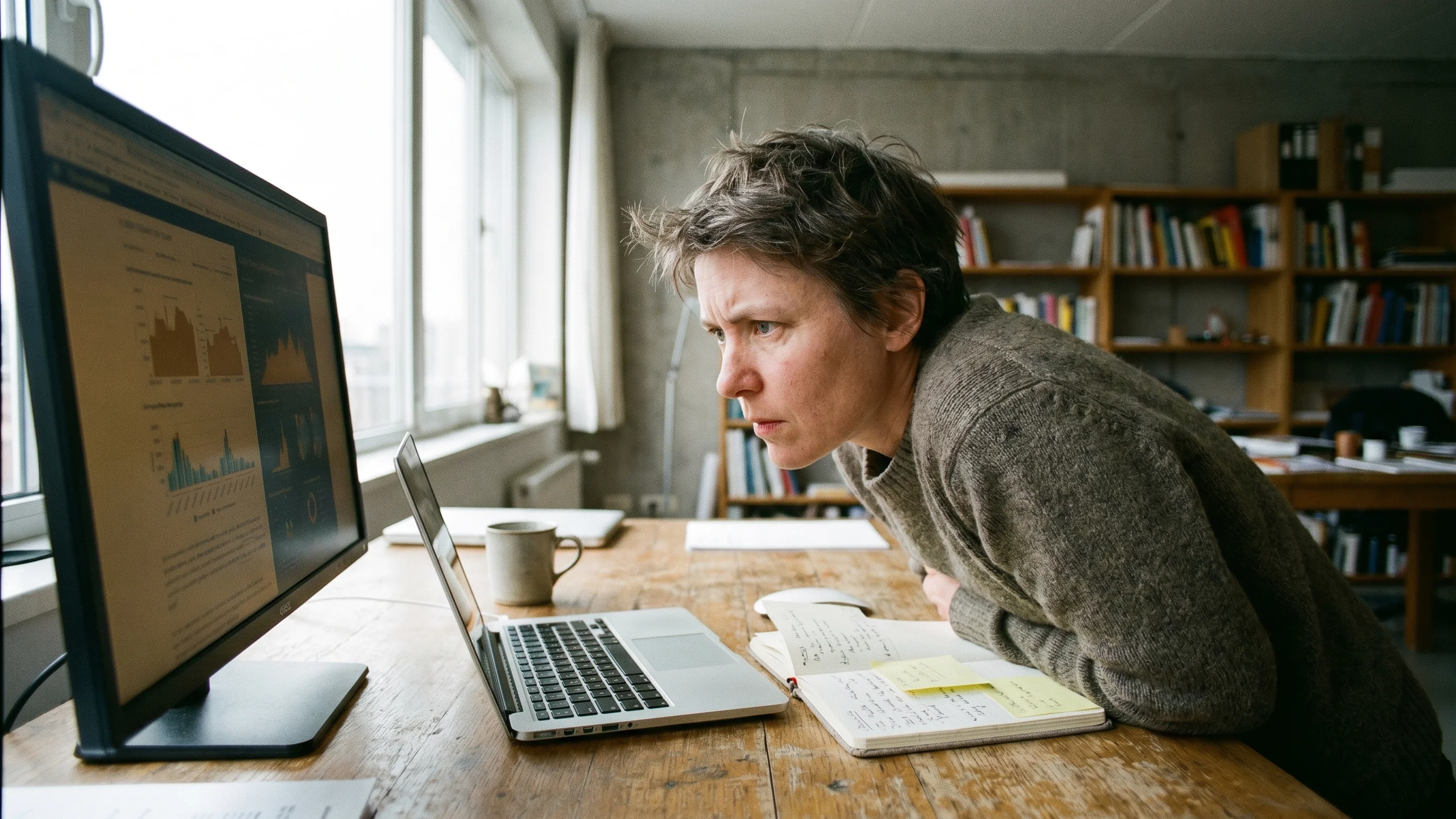 Professional analyseert conversie-data en heatmaps op monitor aan een houten bureau met aantekeningen
