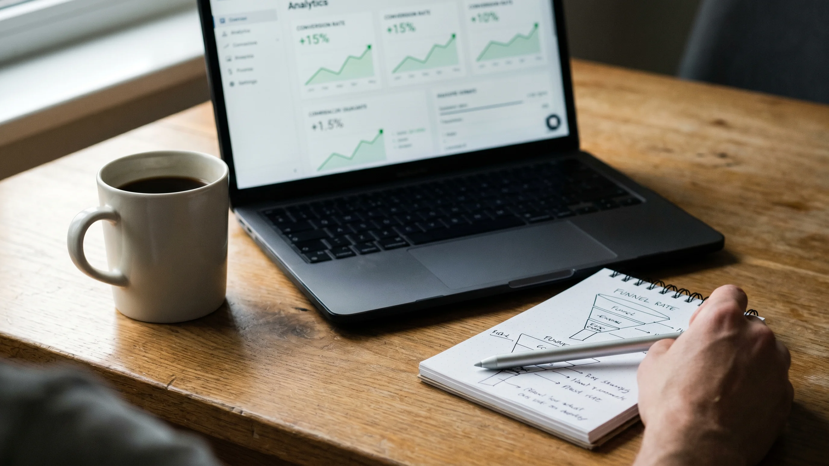 Conversie optimalisatie webshop – laptop met analytics dashboard en stijgende conversiegrafiek op eiken bureau met notitieblok