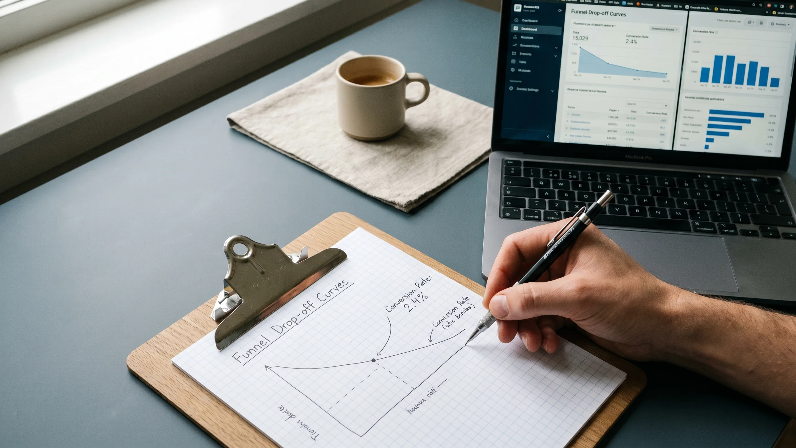 Marketeer analyseert website conversie optimalisatie met funneldata op klembord en dashboard op laptop