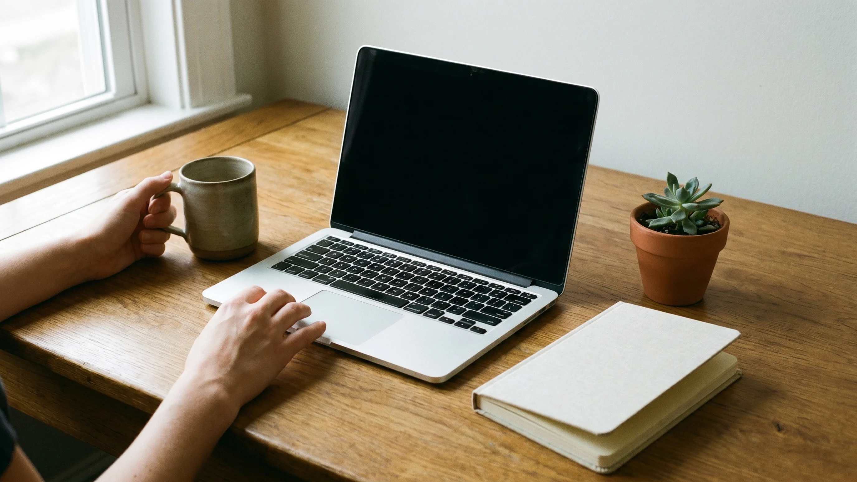 Persoon beheert website op laptop aan opgeruimd houten bureau met notitieboek en koffie