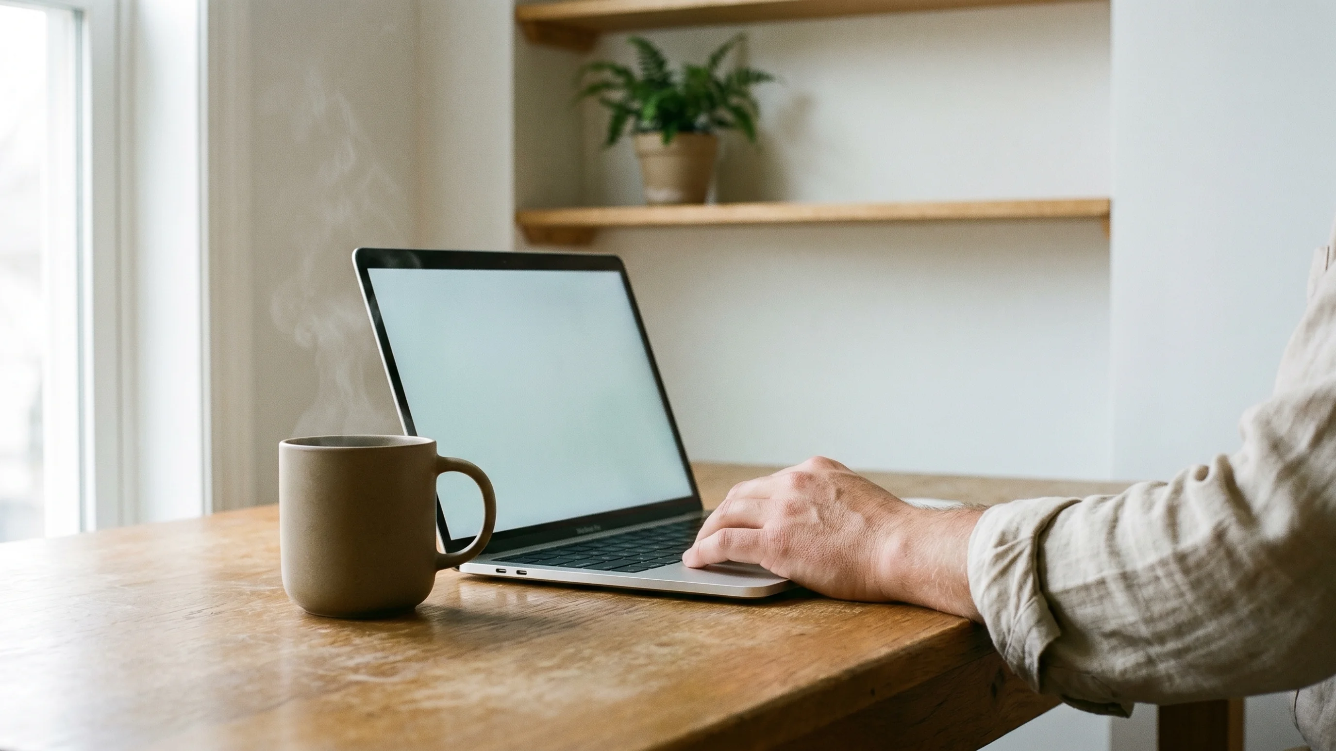Persoon aan eiken bureau met laptop en koffie tijdens website onderhoud op maandagochtend