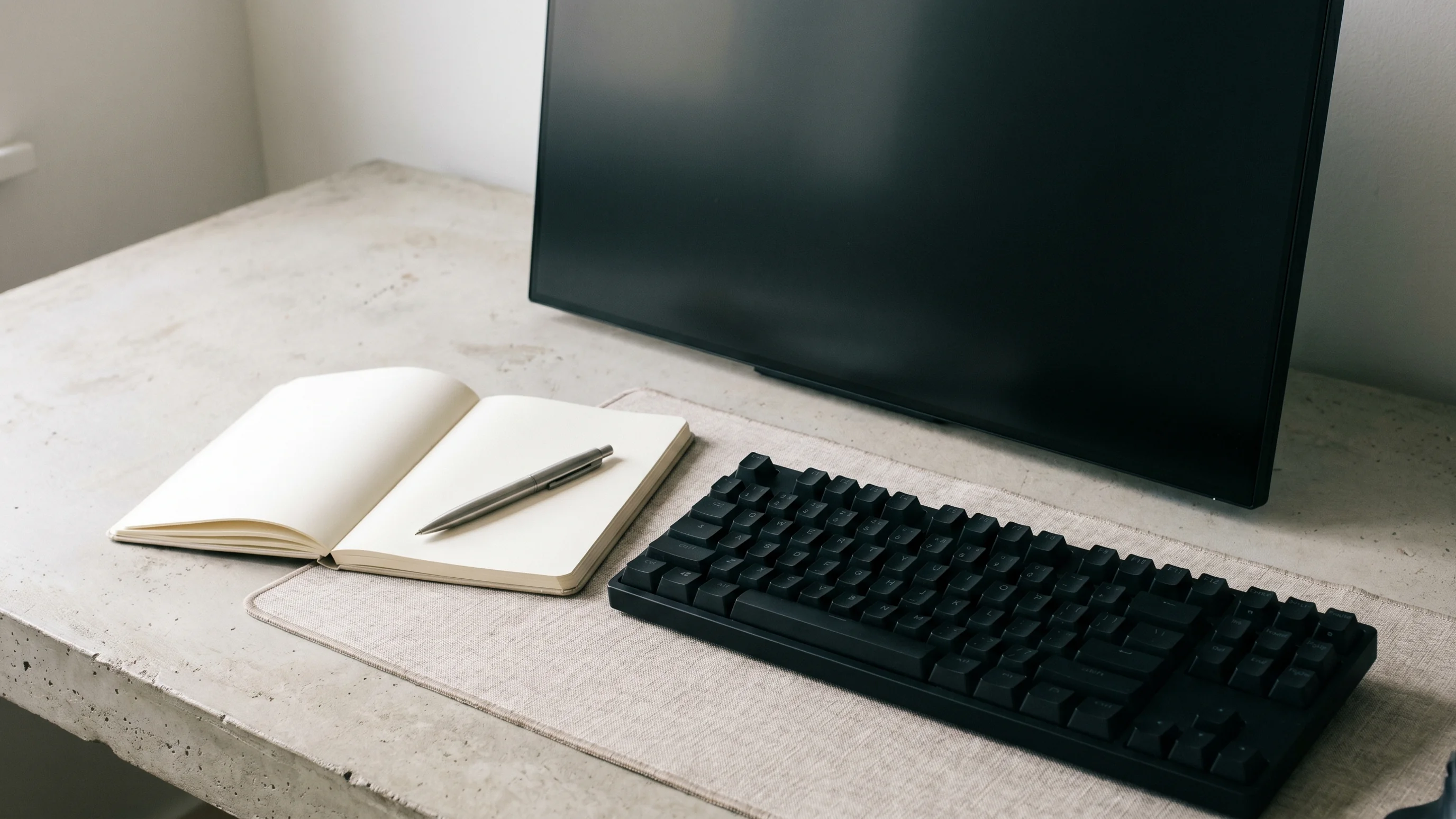 Opgeruimde werkplek met toetsenbord en notitieboek als metafoor voor gestructureerd websitebeheer