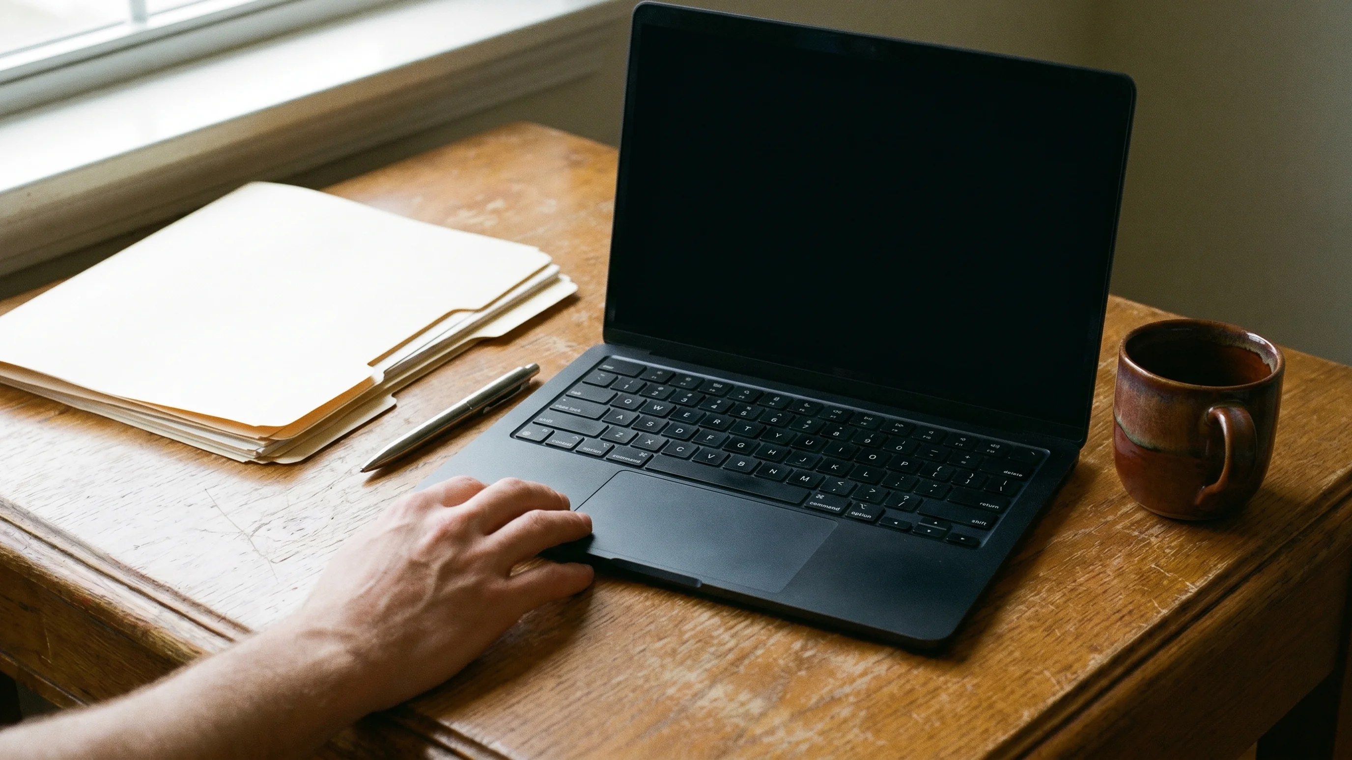 Kleine ondernemer aan eiken bureau met laptop en koffie, oriënteert zich op kosten websitebeheer uitbesteden