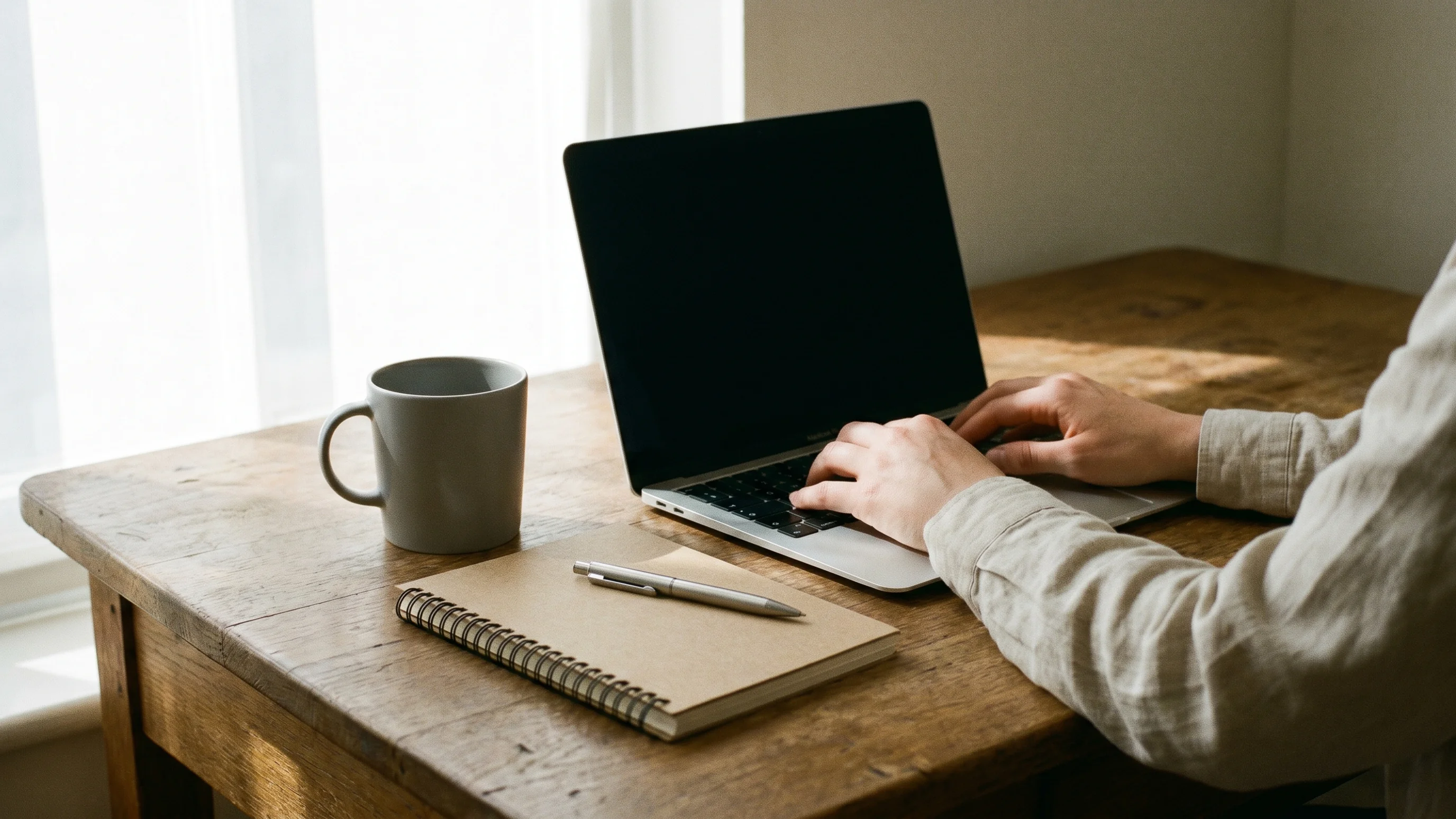Ondernemer achter laptop met notitieboekje en koffiekopje op een houten bureau, gericht op websitebeheer