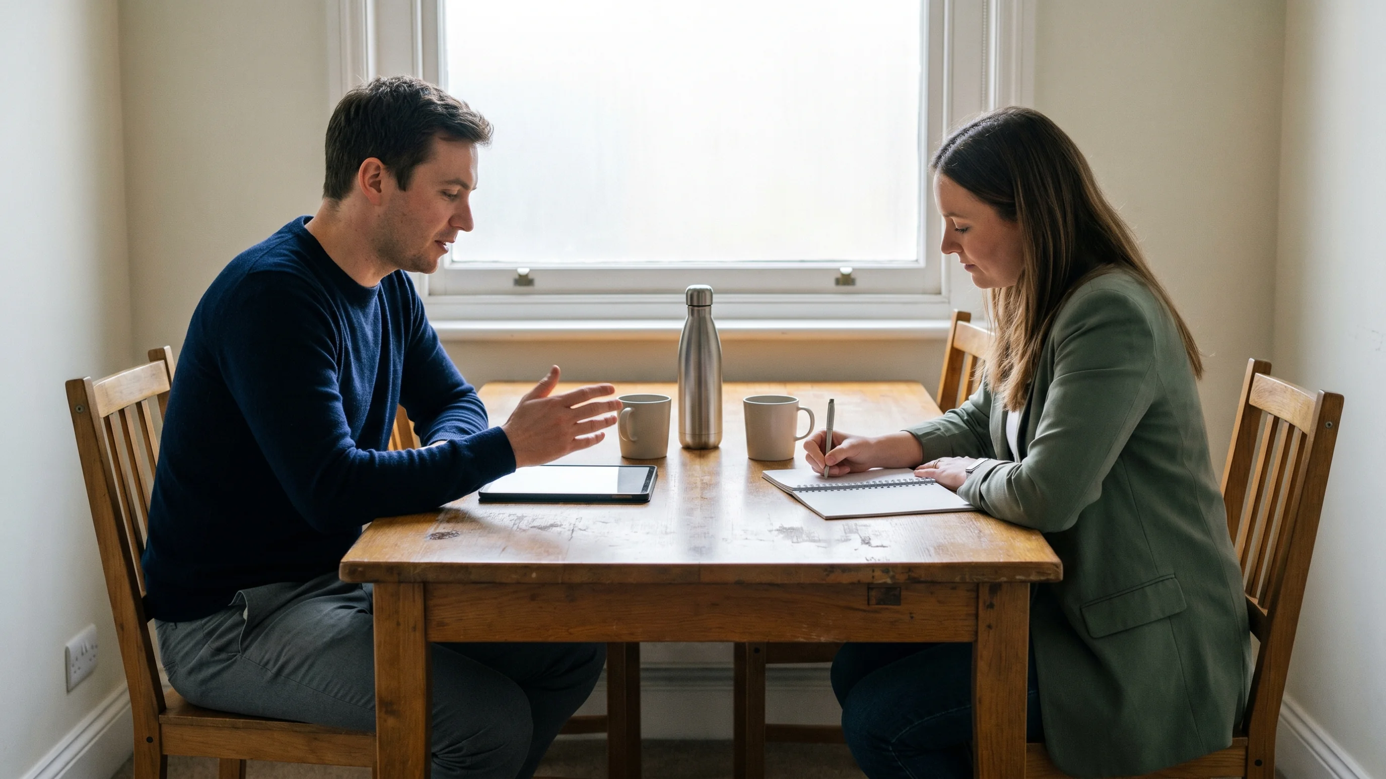 Twee mensen in overleg aan een houten tafel over websitebeheer uitbesteden, met notitieboekje en tablet