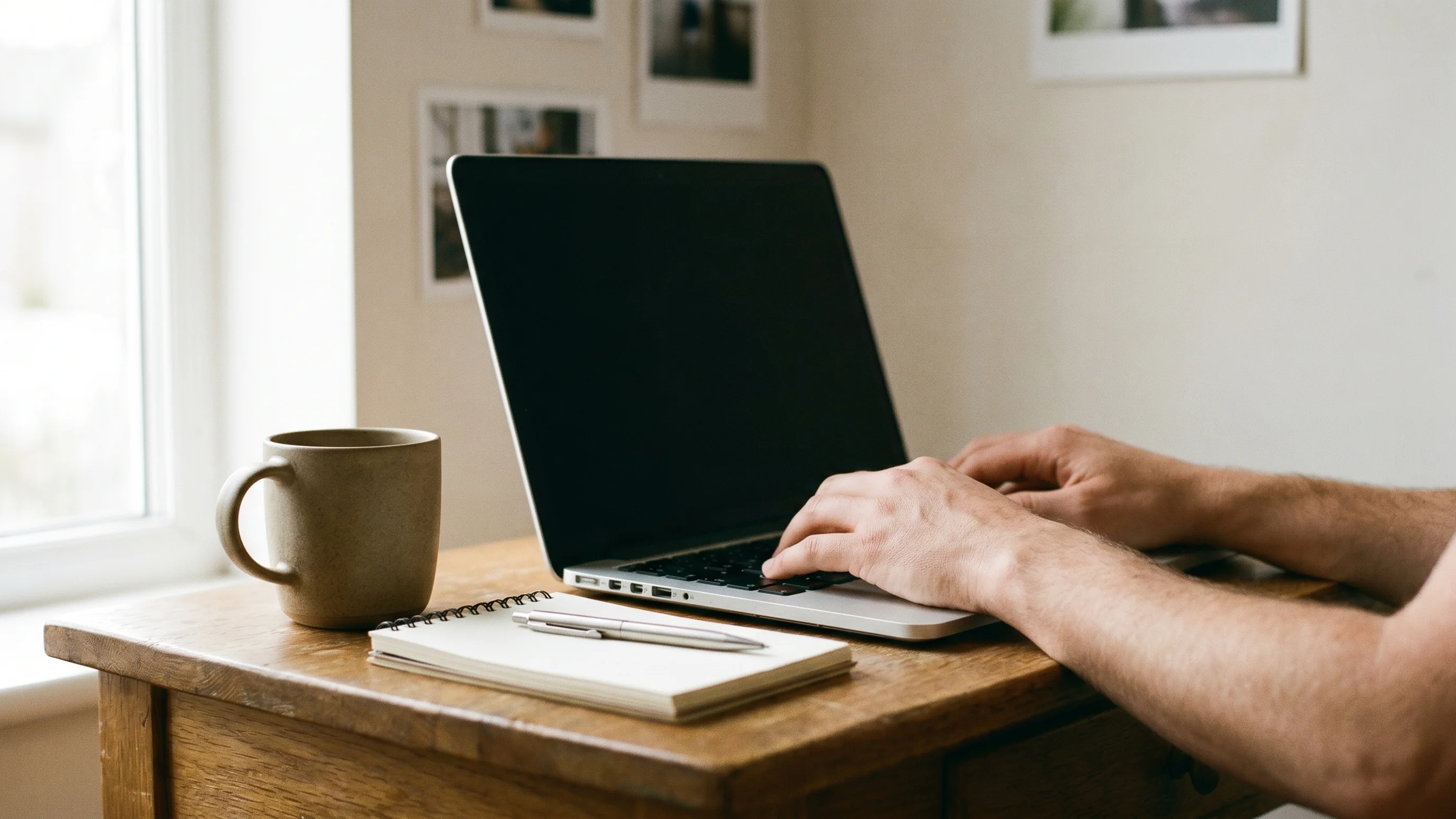 Zzp'er aan houten bureau met laptop en notitieboek nadenkt over websitekeuze