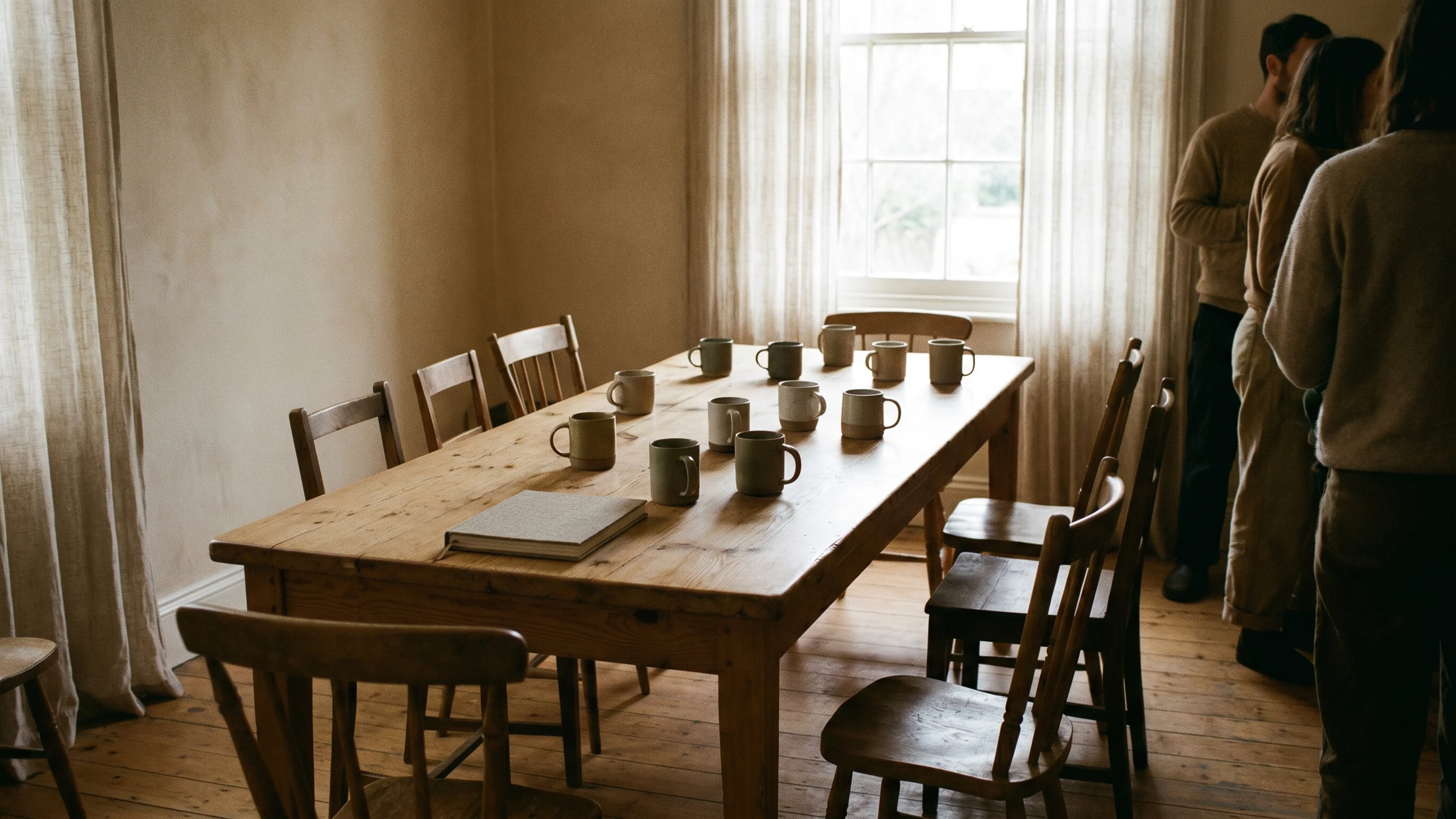 Lege vergaderruimte van kleine non-profit organisatie met houten tafel en keramieken mokken