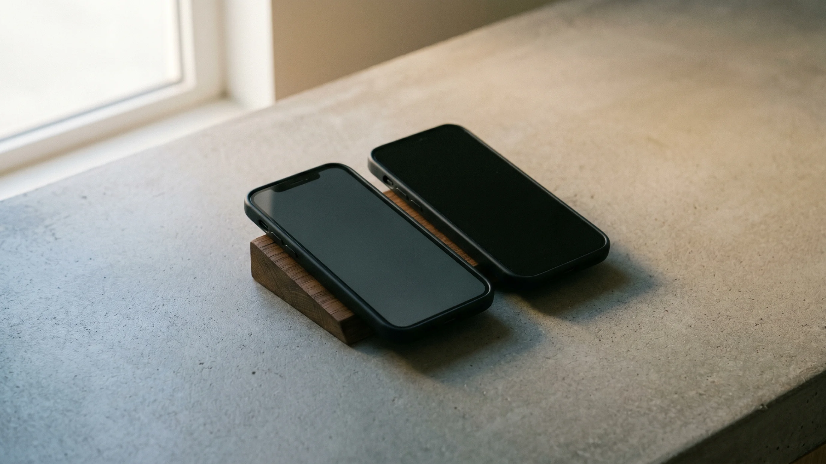 Twee smartphones naast elkaar op betonnen ondergrond, symboliseren de keuze tussen een progressive web app en een native app