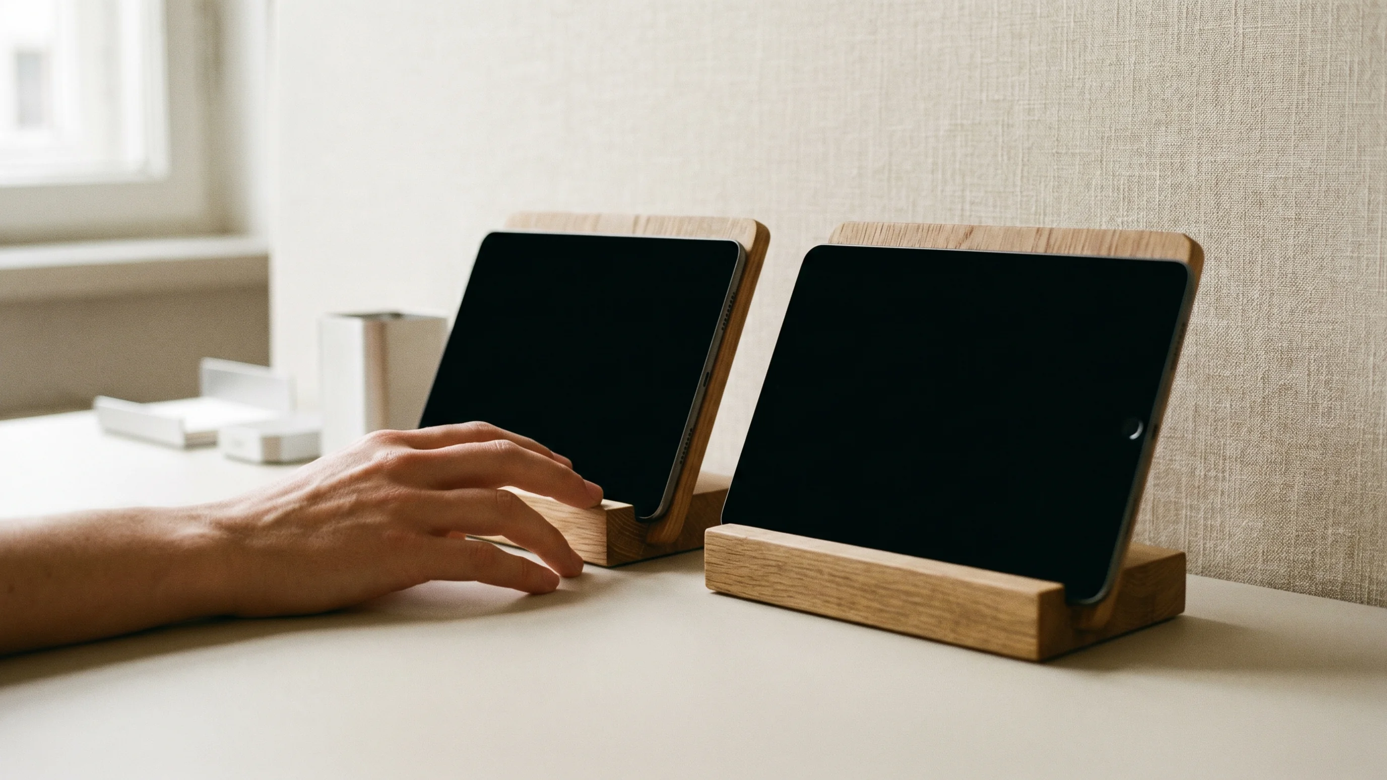 Twee tablets naast elkaar op houten standaards als metafoor voor de keuze tussen PWA en native app