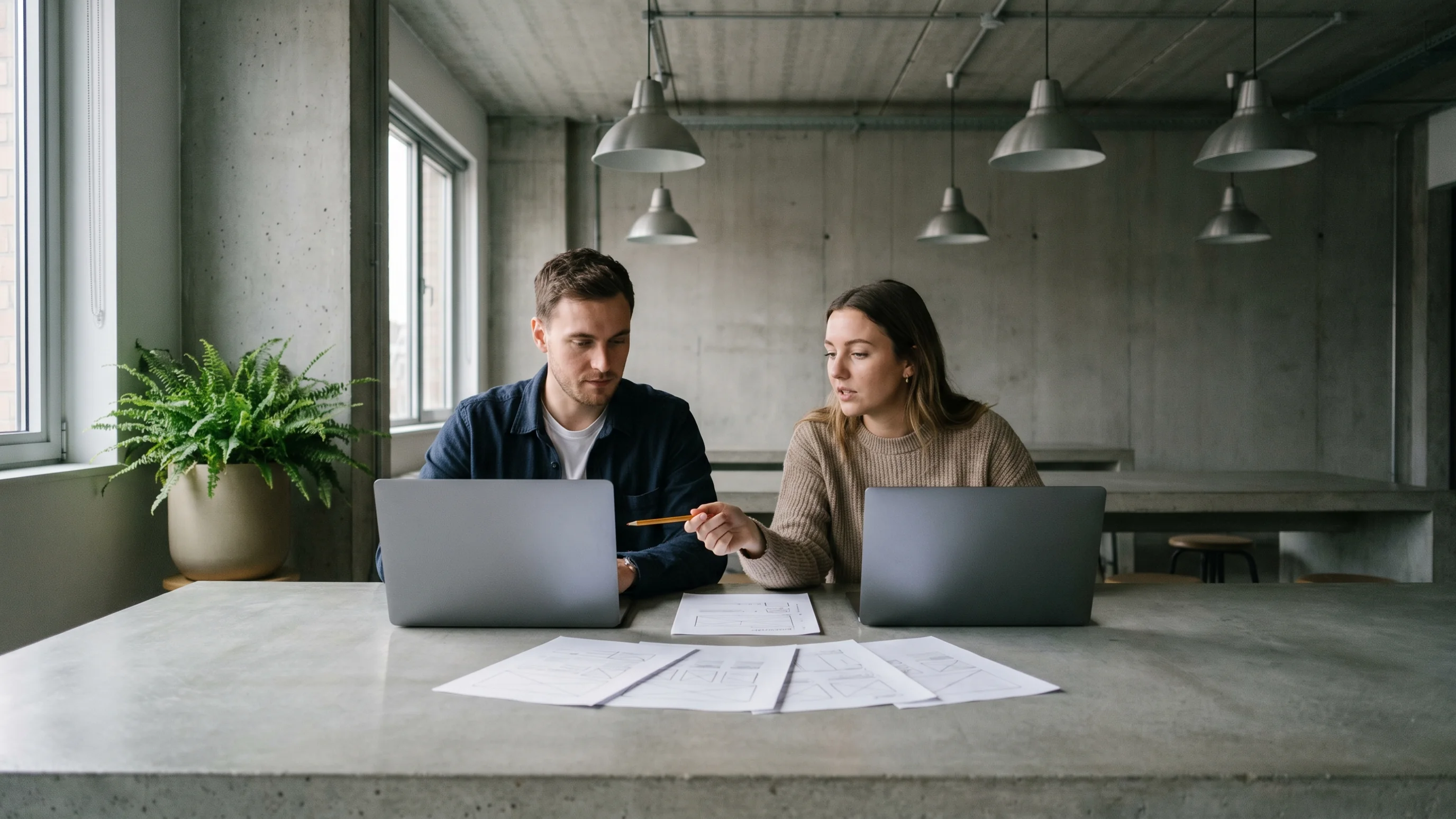 Twee collega's overleggen over websitefunctionaliteit met laptops en schetsen op betonnen tafel