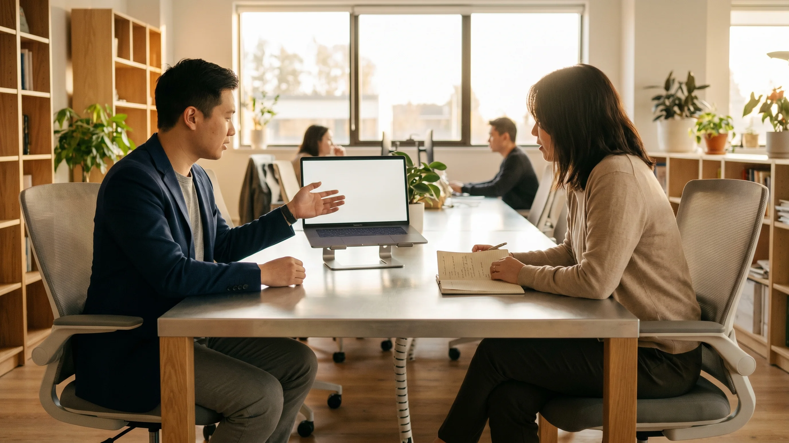 Kennismakingsgesprek met een webdesign bureau waarbij een ondernemer kritische vragen stelt