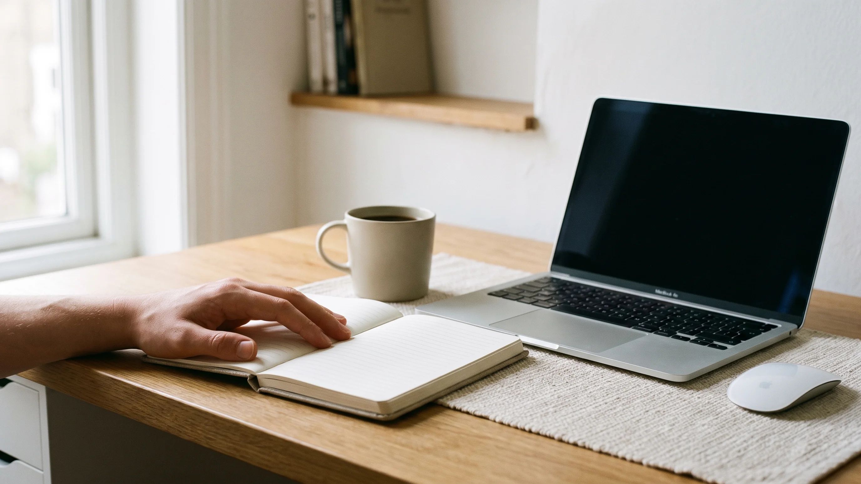 Ondernemer pauzeert bij laptop en notitieboek op houten bureau – AI website keuze verkennen