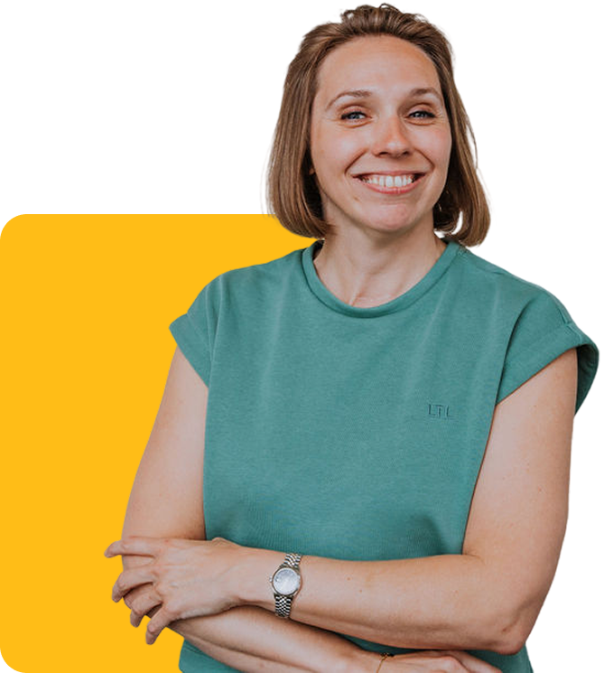 Portrait of a confident professional woman wearing a bold red sweater, standing with arms crossed and smiling against a clean, modern backdrop with blue accent. Ideal for leadership profiles, speaker bios, or company branding showcasing approachability and personal style in business.