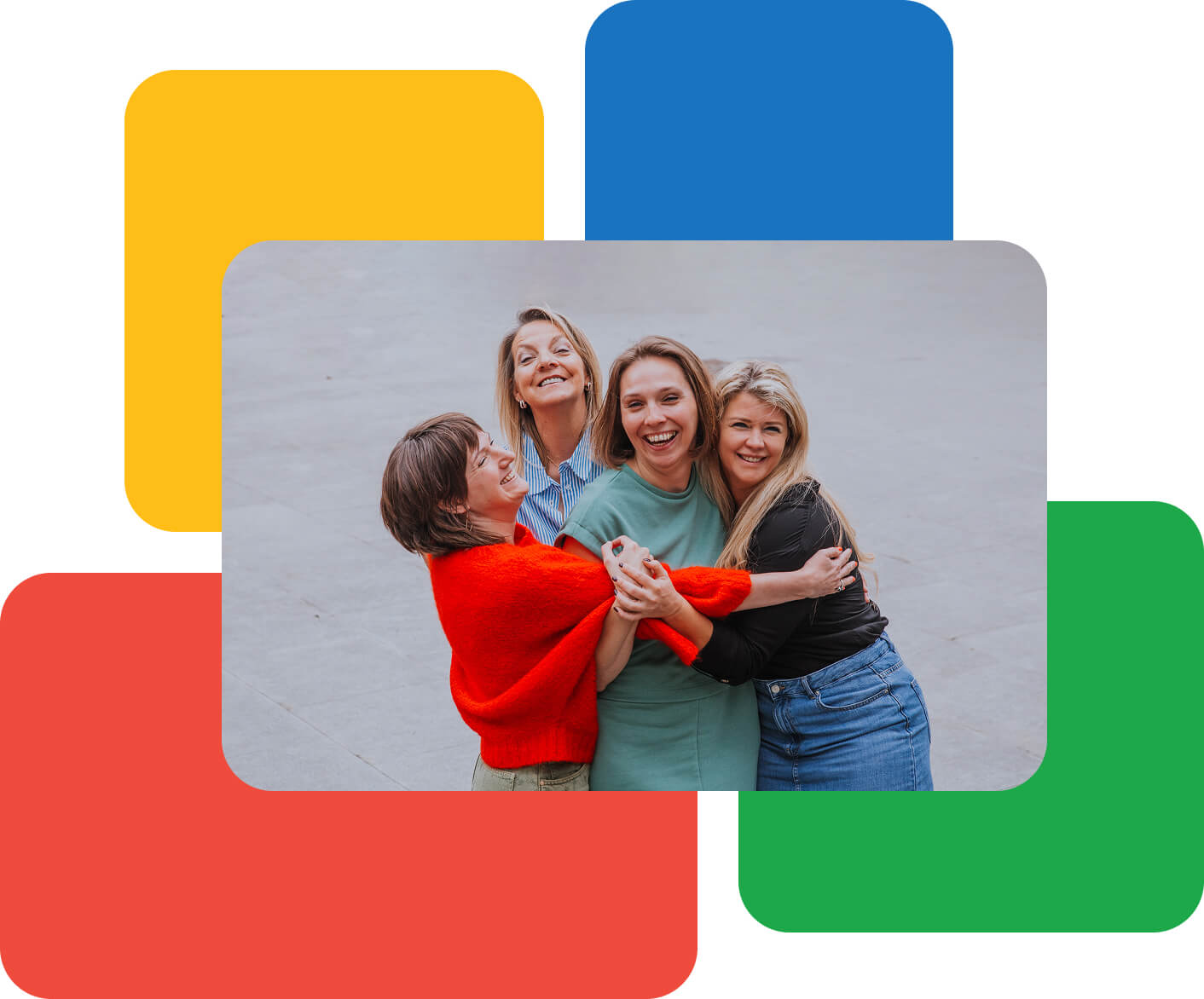 Group of four happy professional women hugging and laughing outdoors, showcasing strong workplace camaraderie and team bonding. Ideal for content promoting positive company culture, women in leadership, teamwork, and inclusive business environments.