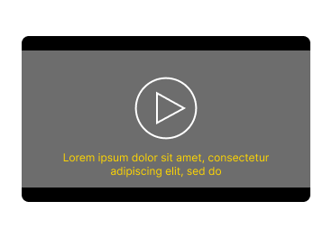 Interface de lecteur vidéo avec une icône de lecture circulaire au centre et un texte d'espace réservé en latin ("Lorem ipsum dolor sit amet, consectetur adipiscing elit, sed do") en jaune en dessous de l'icône. Le lecteur a une barre noire en haut et en bas sur un fond gris.