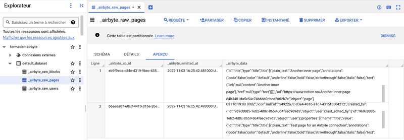 Screenshot of the BigQuery project with data
