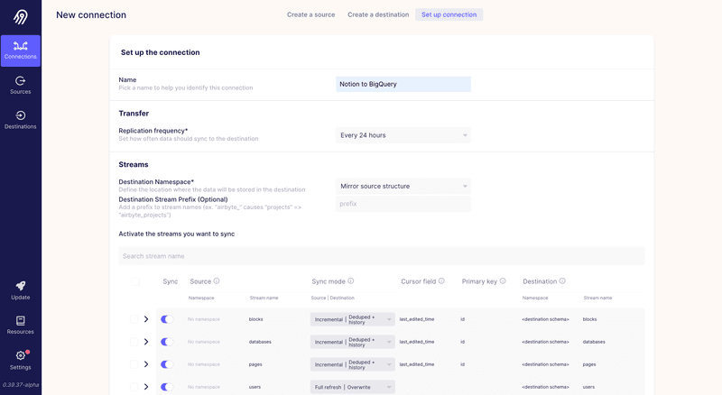 Screenshot of connection configuration page on Airbyte