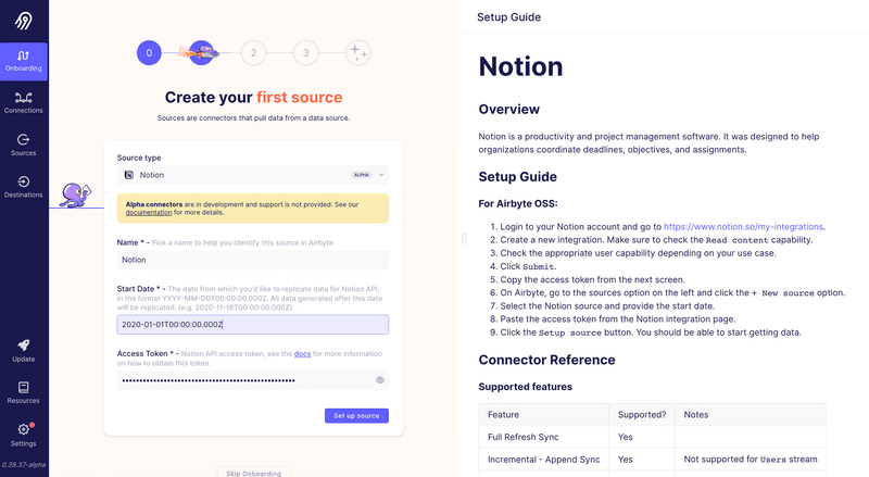 Screenshot of the page to configure the Notion connector