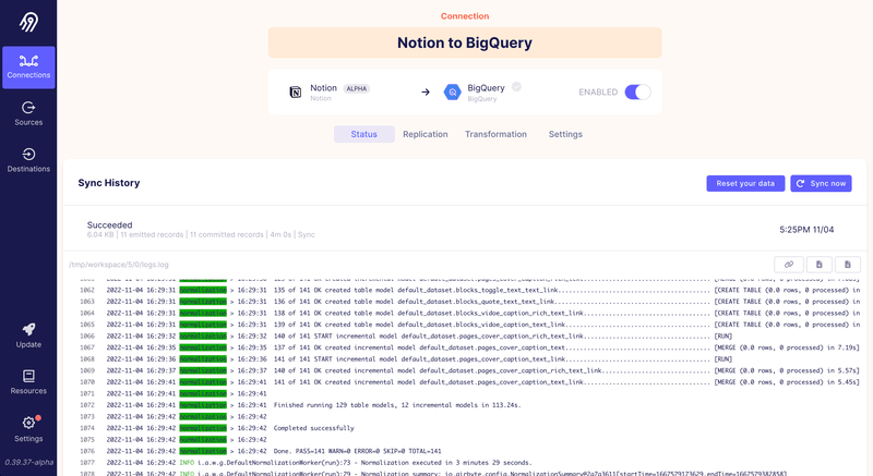 Screenshot of the monitoring of an existing connection on Airbyte