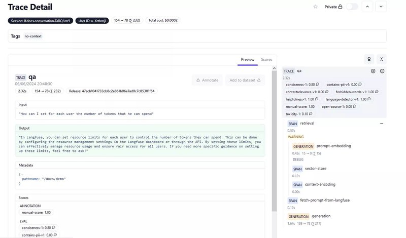 Langfuse trace example: many insightful details on an LLM single Generation.