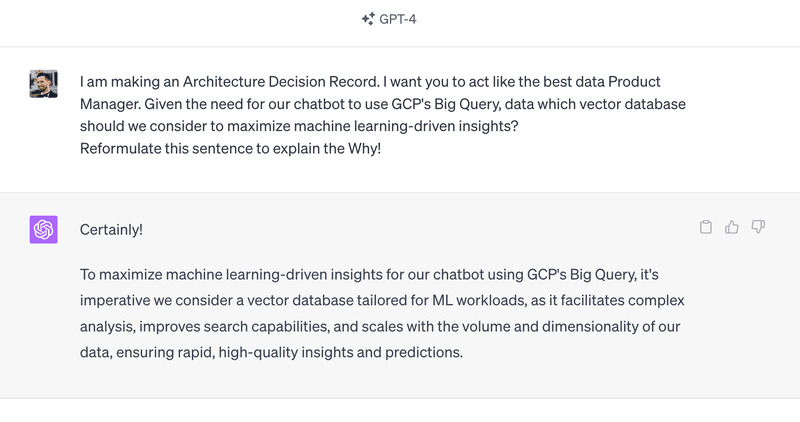 Screenshot of a GPT-4 prompt formulating the Why of an Architecture Decision Record