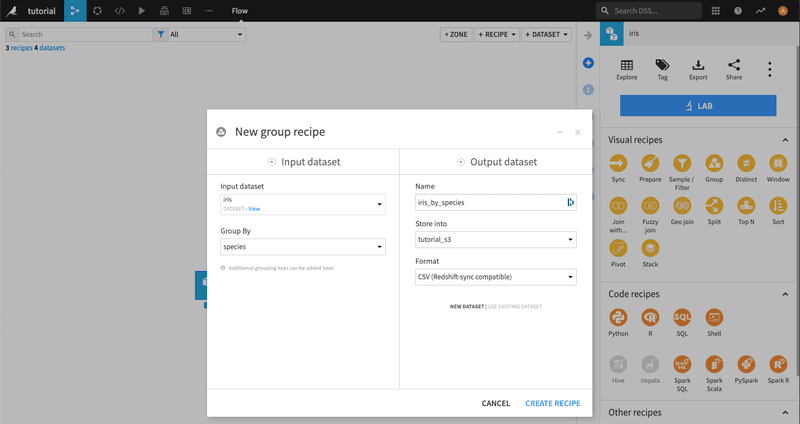 Dataiku create recipe