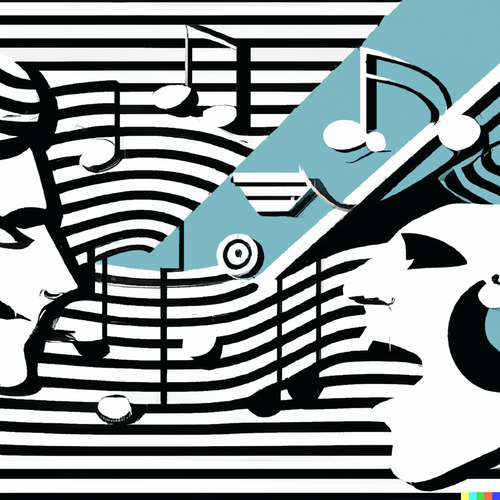 DALL·E 2023-08-25 11.54.41 - mesmerizing music coming from instruments, people and artificial intelligence, full of hypnotic colors, very graphic, yet minimal style, showing the e