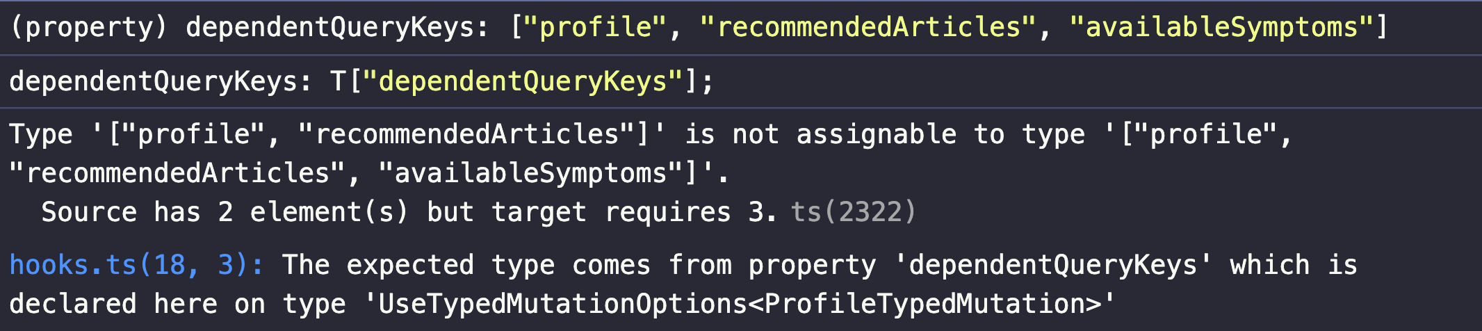 The error shows that dependent query keys is missing one element and shows us the correct keys to use.