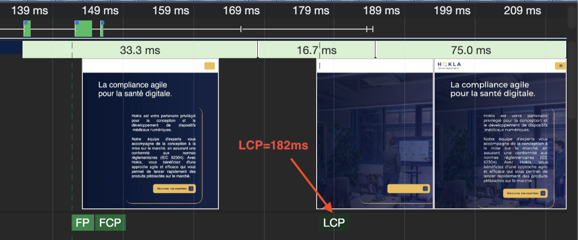 Mesure du LCP sur le site www.hokla.com avec l’outil de performance de la console Google Chrome.