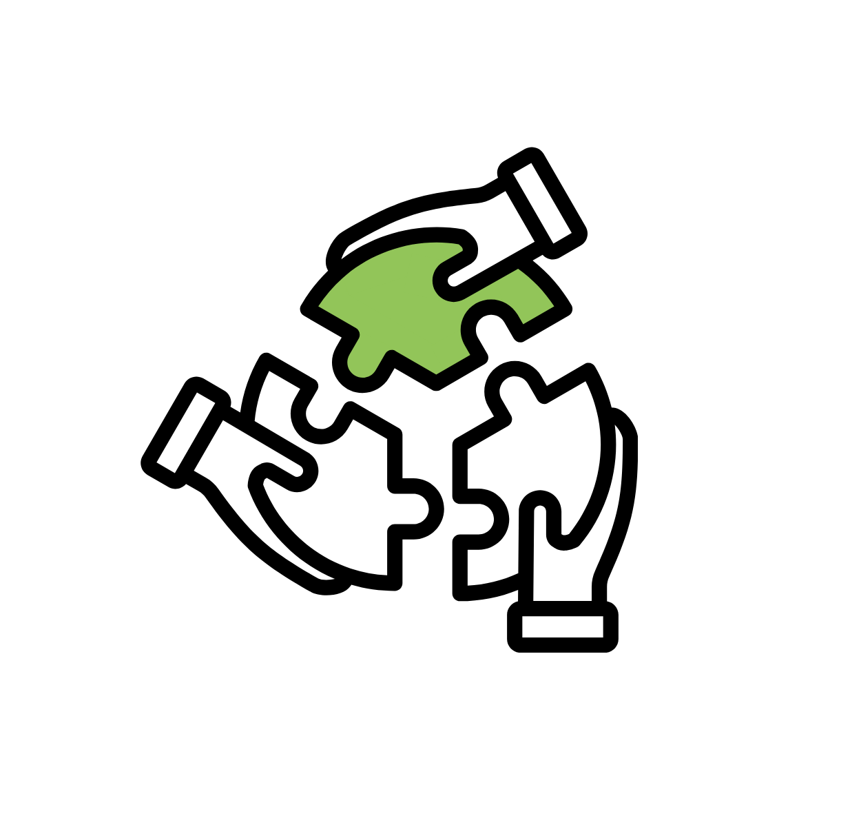 Icon of people bringing puzzle pieces together to represent collaboration