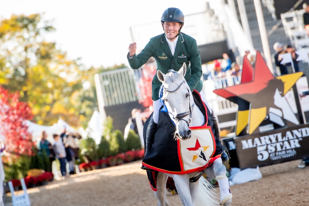 Rider on horse poising with fist in air