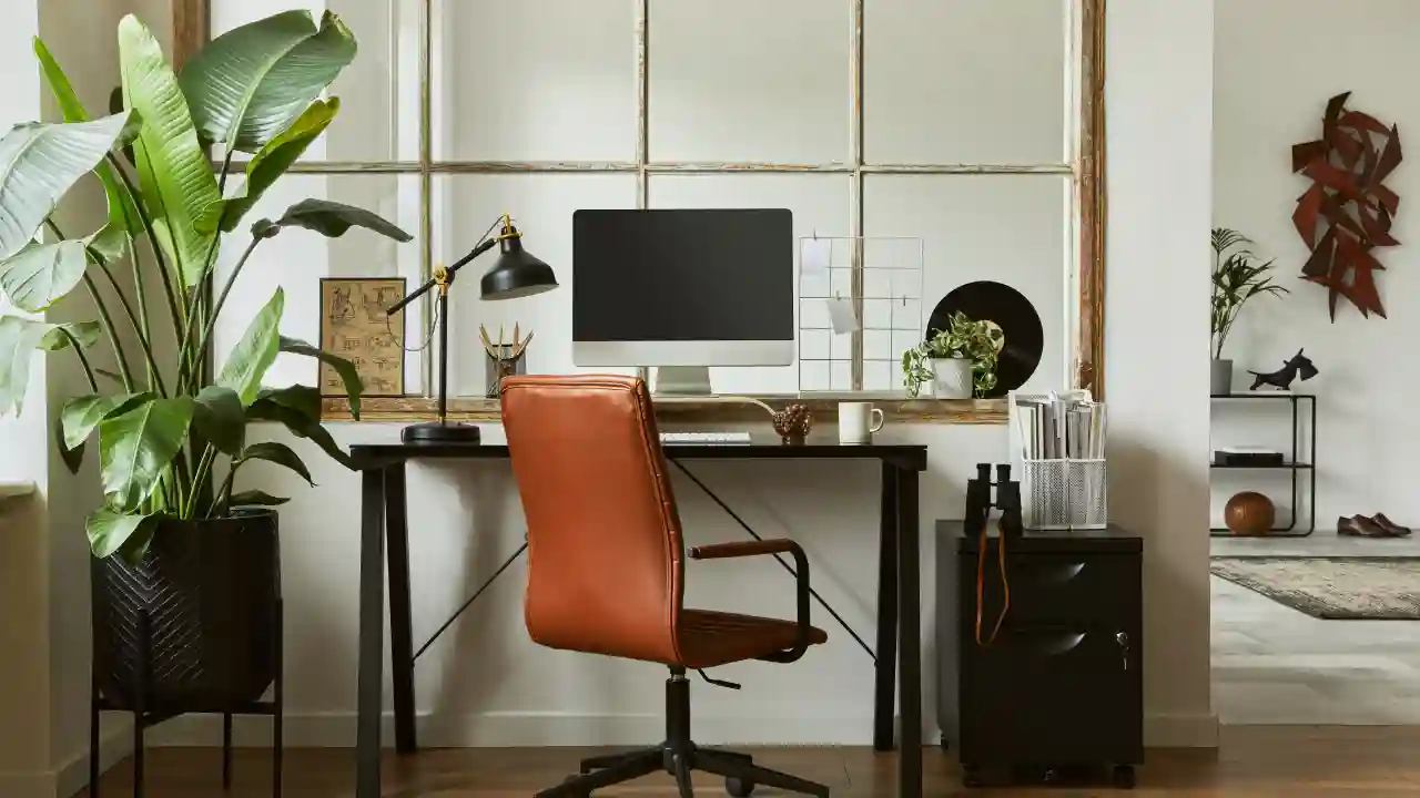 Movement-friendly home office featuring a leather desk chair, desktop monitor at eye level, and nearby mobility options.