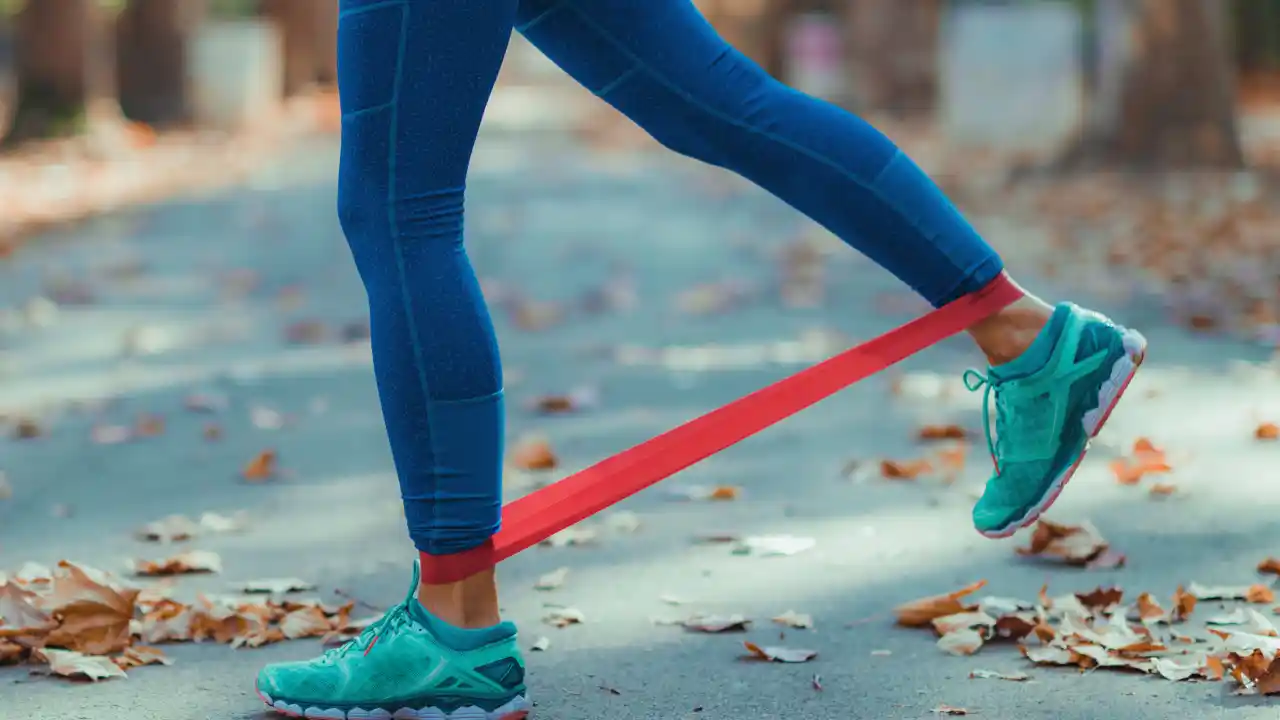 Lightweight resistance band exercise for hip and leg activation, ideal for travel-friendly mobility routines.