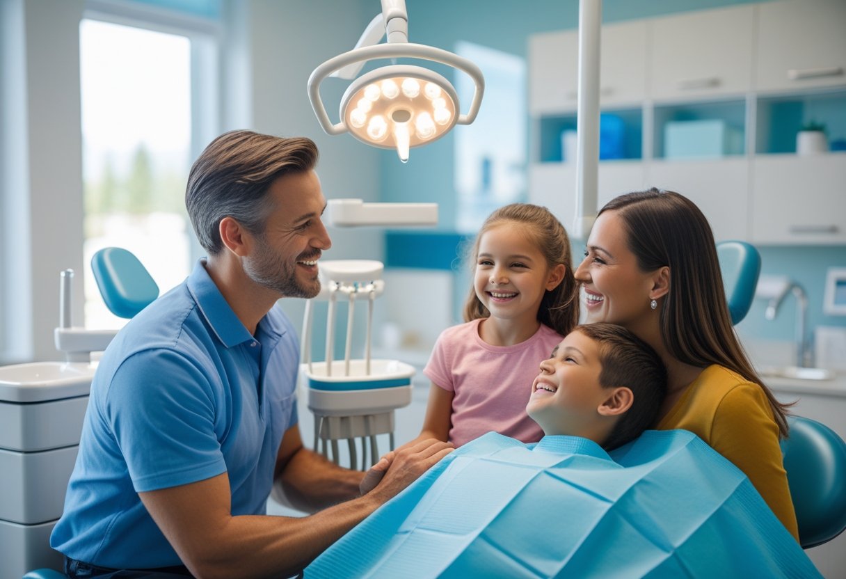 Dentist warmly interacting with a smiling parent and child in a modern dental clinic.