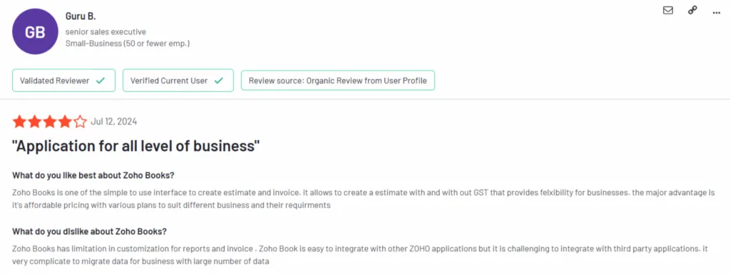 Zoho Books user review