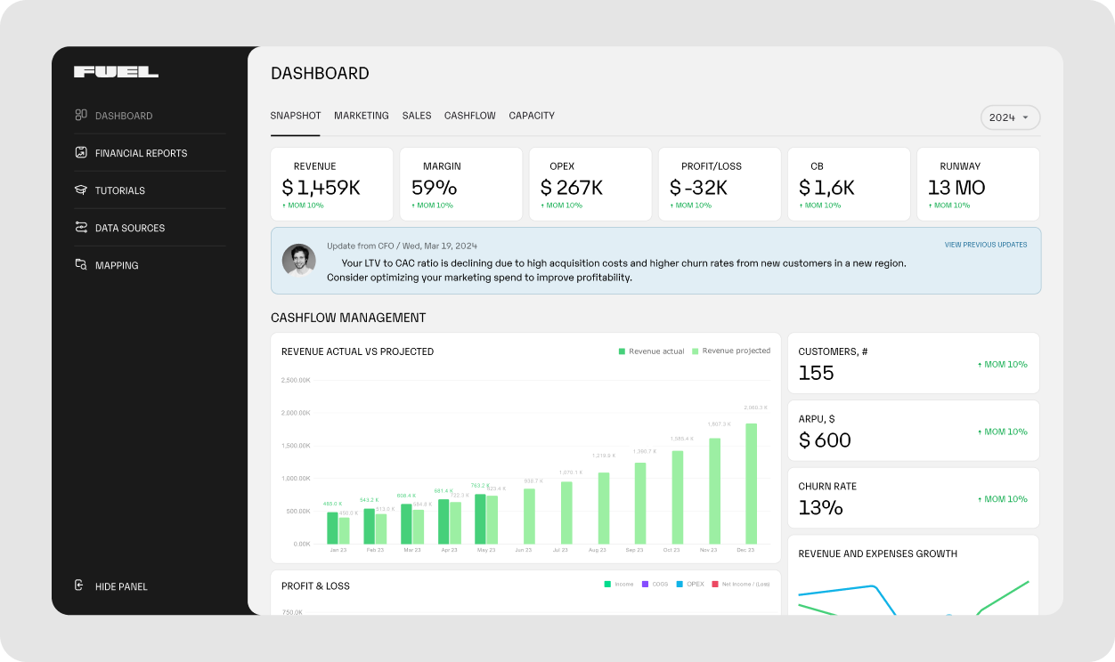 Fractional CFO services combined with AI: Fuelfinance dashboard