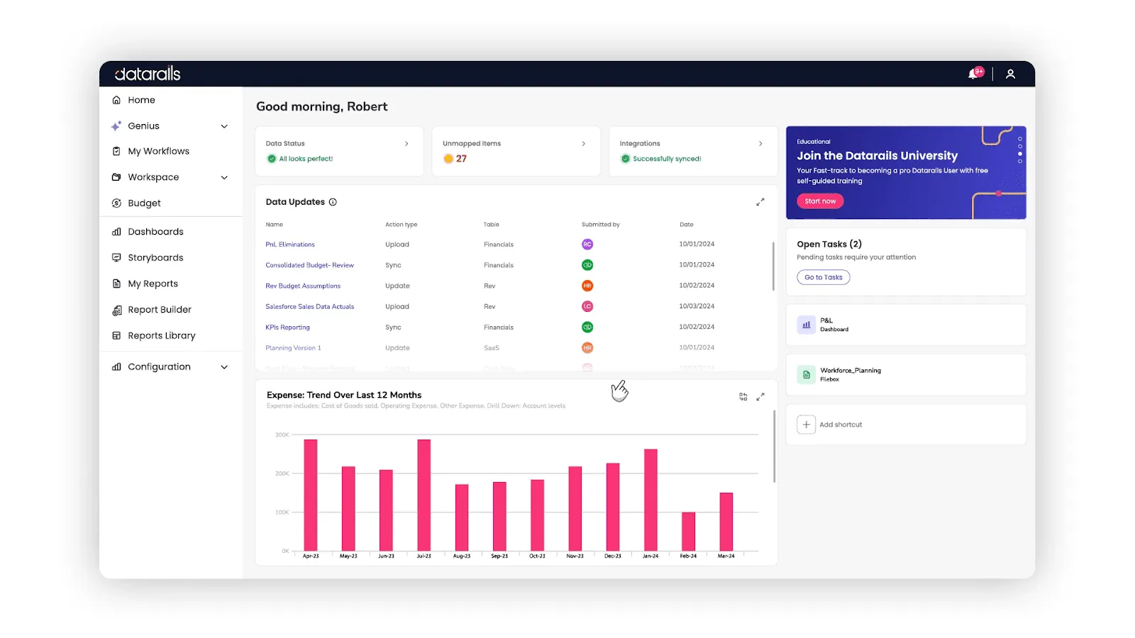 Datarails data updates and expense trends