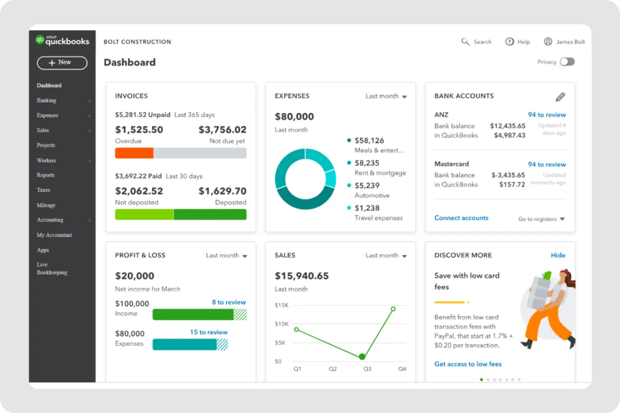 A screenshot of the QuickBooks accounting system dashboard