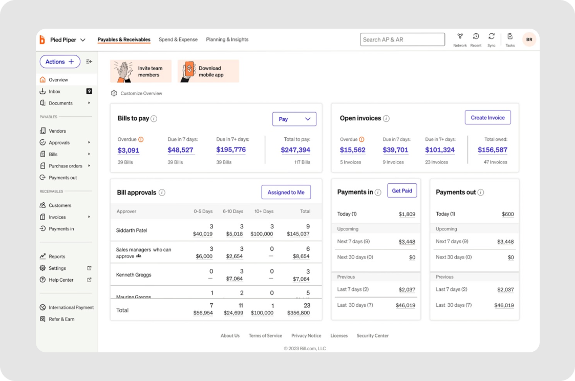 Invoicing and AR/AP tool — Bill.com dashboard