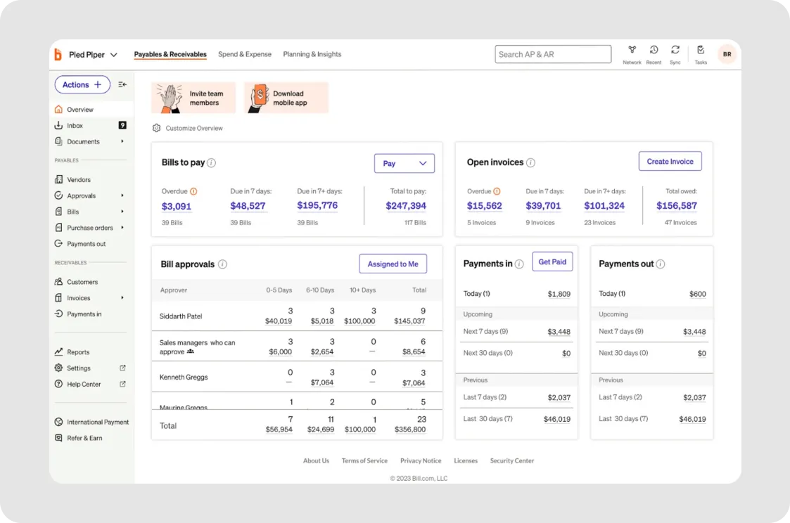 Invoicing and AR/AP tool — Bill.com dashboard