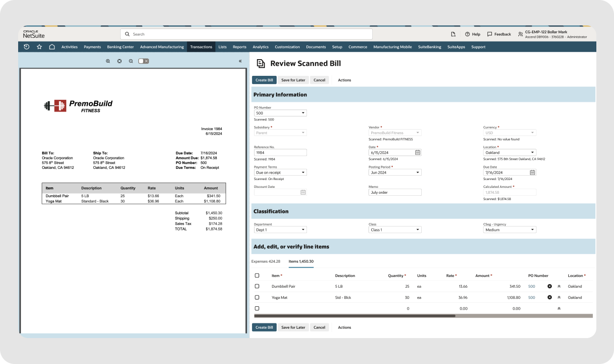 NetSuite review: Oracle NetSuite dashboard for managing business's finances and project accounting
