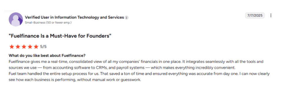 Fuelfinance customer review showing how it's better than other software like NetSuite