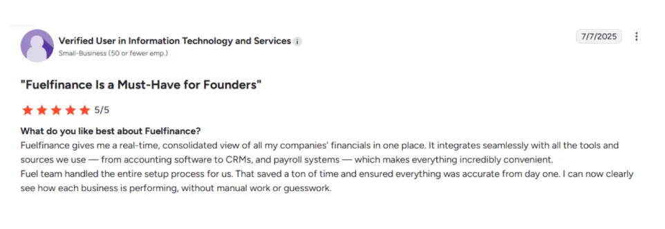 Fuelfinance customer review showing how it's better than other software like NetSuite