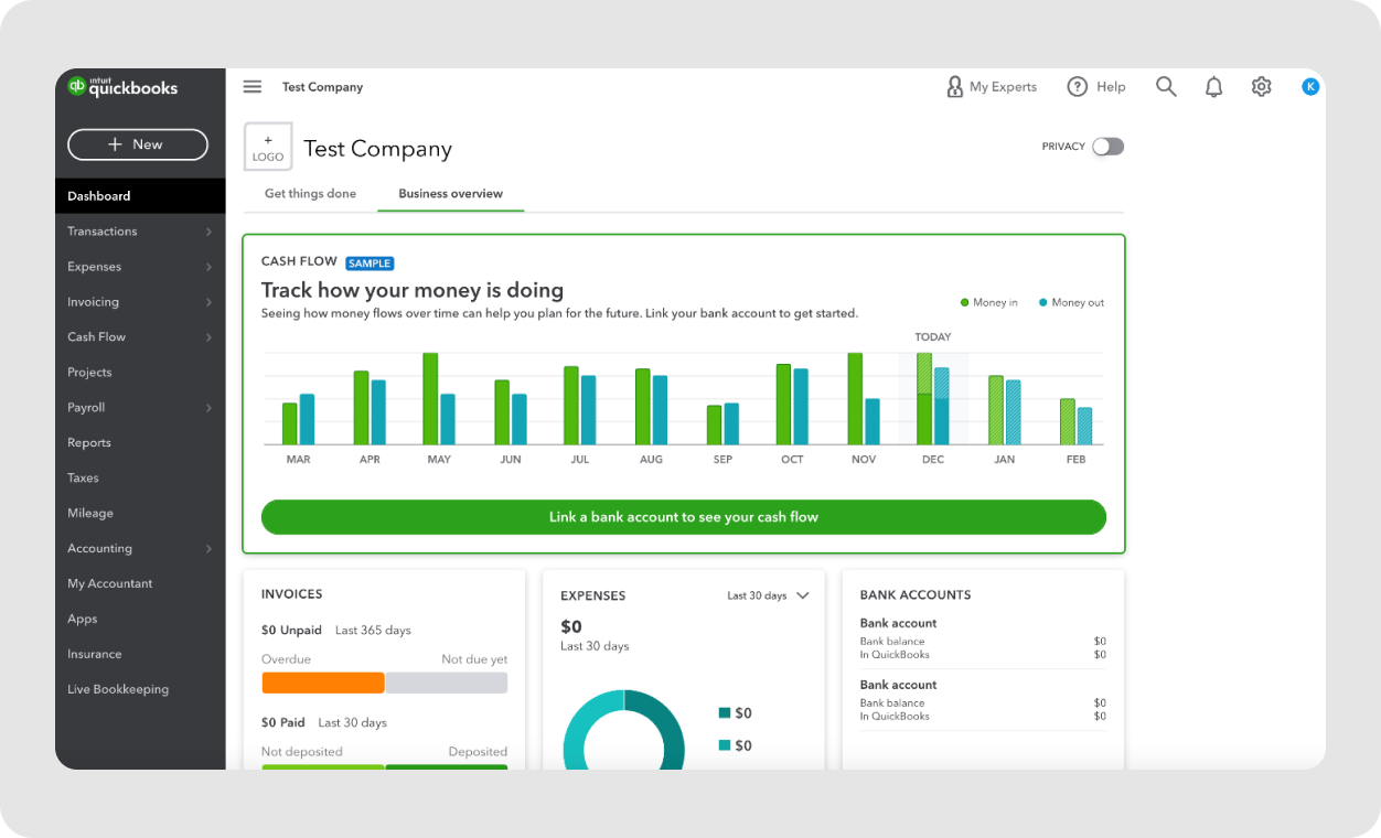 QuickBooks online accounting dashboard tabs for invoices, expenses, and bank accounts